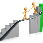 Royalty-free financial 3d computer generated clipart picture image of an orange person standing on a silver and green bar graph chart, reaching back to assist another person up to the top.